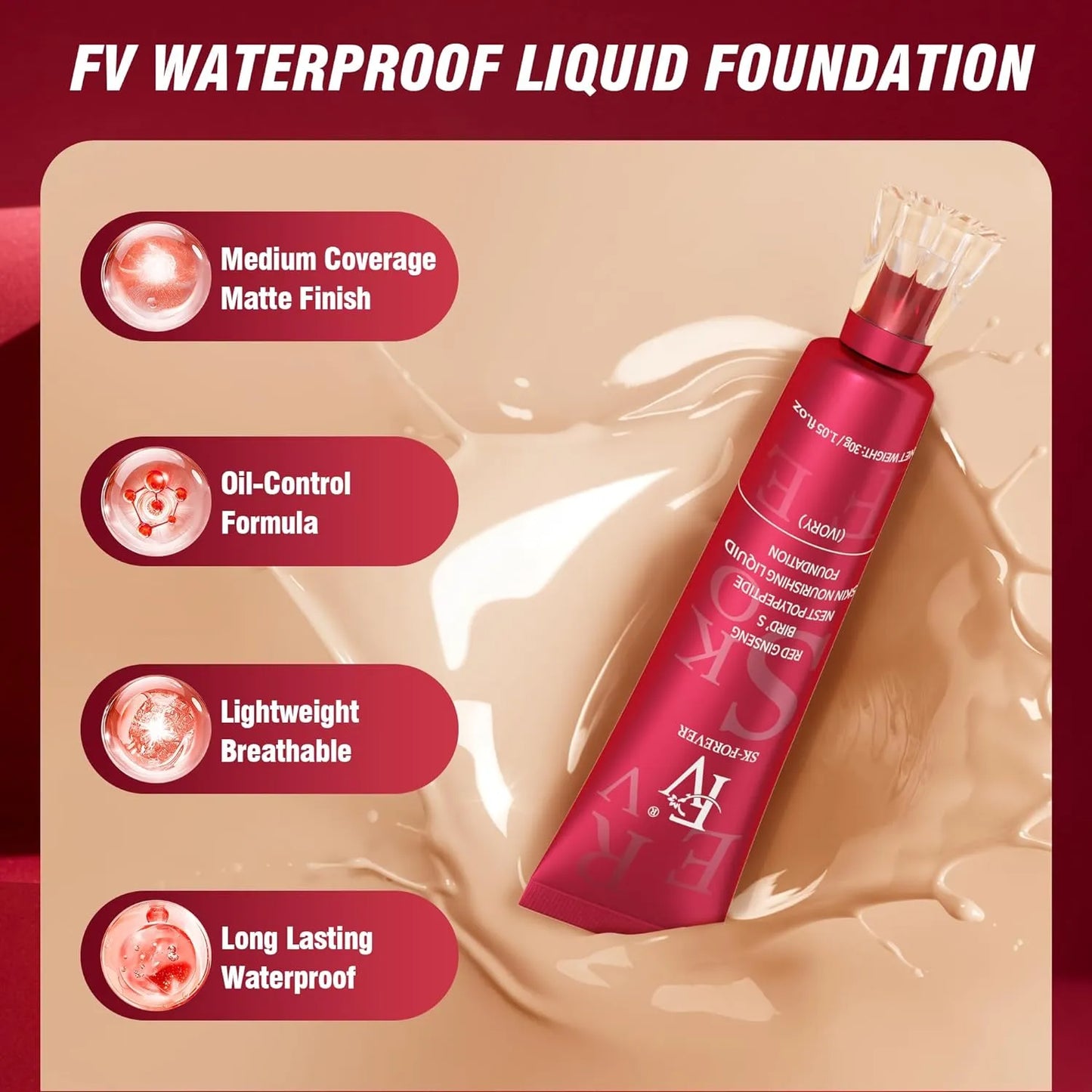 FV Waterproof Foundation with Medium Coverage | Matte Foundation for Oily/Normal Skin, Sweat-resistant Liquid Makeup Foundation for Face, 30g, Natural Beige